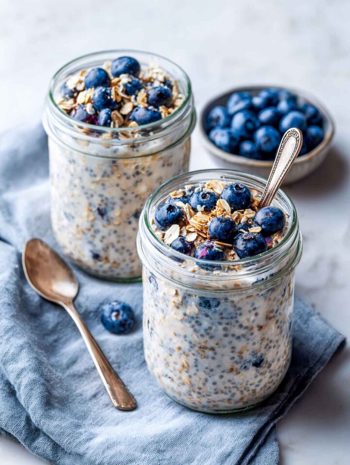Two glass jars of blueberry buckwheat overnight oats topped with fresh blueberries and rolled oats on a white marble surface with a cool blue napkin and small bowls nearby.