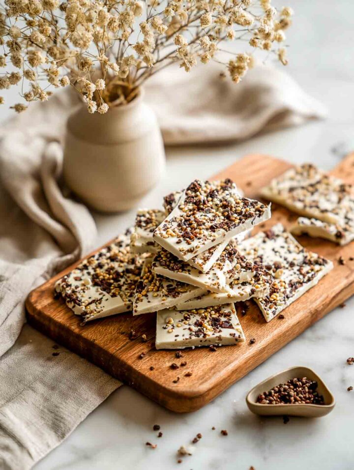 Thin yogurt bark topped with cacao seeds and puffed quinoa.