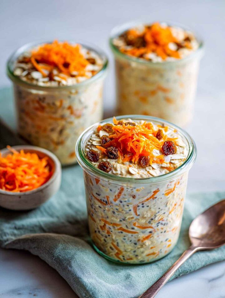 Two glass jars of carrot cake overnight oats with chia topped with grated carrot and golden raisins on a white marble surface with a soft green napkin and spoon nearby.
