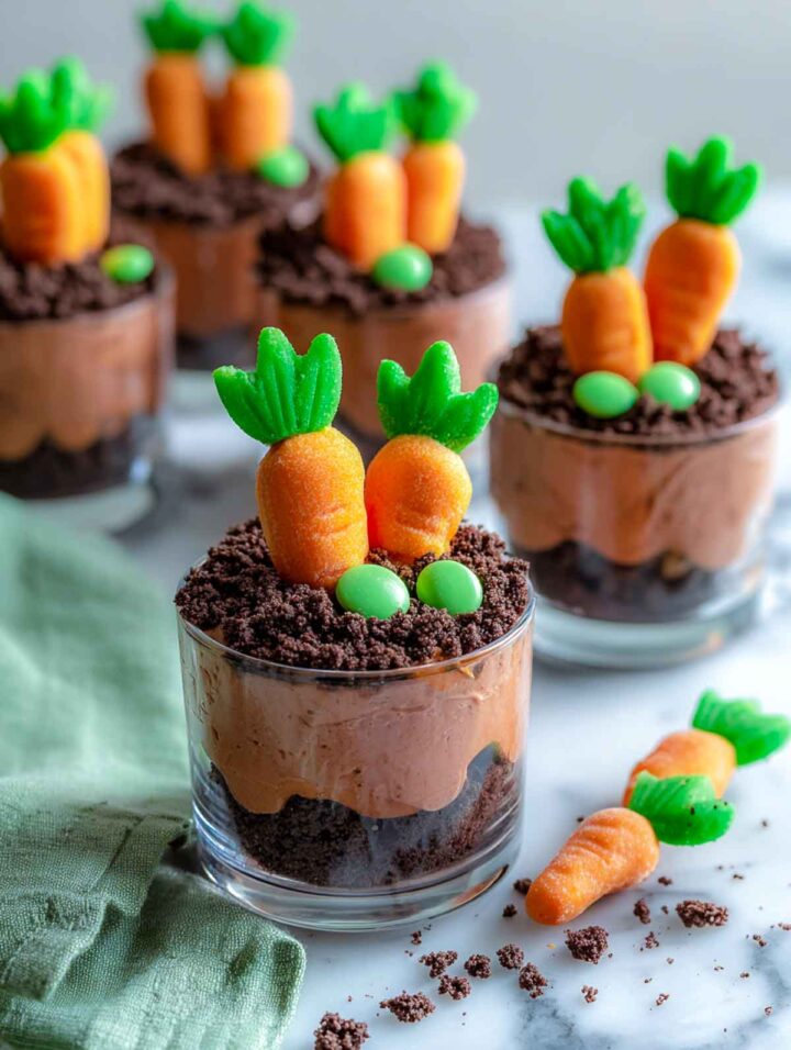 Carrot patch mini dirt cups with chocolate pudding and candy carrots placed on a marble surface.