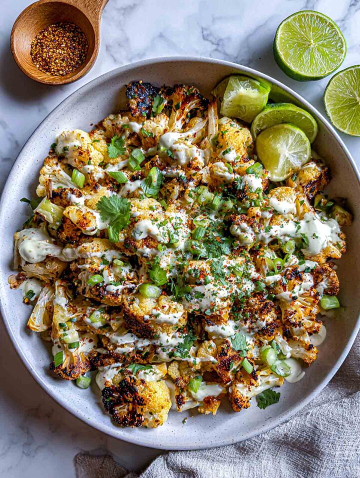 A cauliflower taco skillet topped with a drizzle of lime crema and fresh garnishes.
