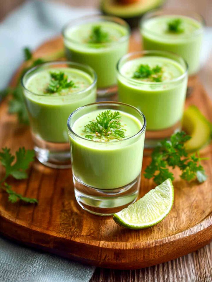 Chilled avocado kefir green soup served in small glass shot cups.