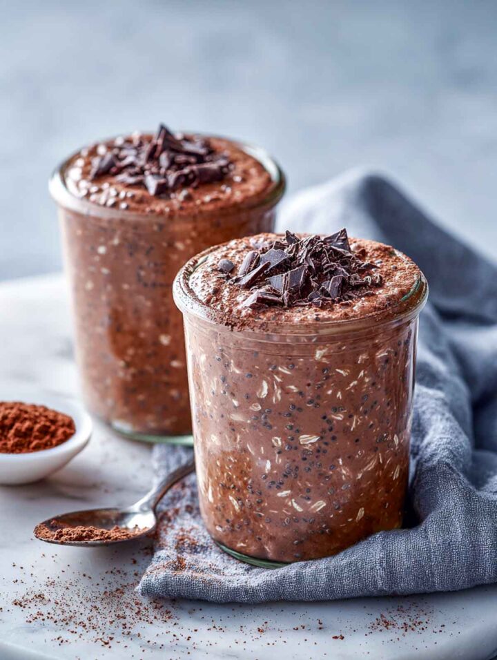 Two glass jars of chocolate overnight oats with chia and rolled oats, topped with cocoa powder and dark chocolate shavings on a white marble surface with a gray linen napkin.
