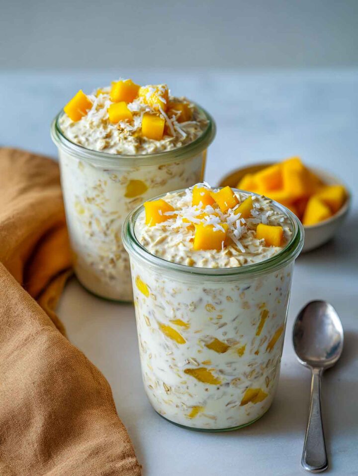 Glass jars of creamy coconut mango overnight oats with visible oat flakes and mango pieces mixed throughout, topped with diced fresh mango and shredded coconut, set on a white surface with a mustard-colored cloth and spoon nearby.