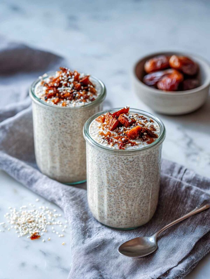 Two small glass jars filled with creamy beige chia pudding made with tahini, topped with chopped dates and white sesame seeds, set on a white marble surface with a soft linen napkin, a spoon, scattered sesame seeds, and a small bowl of whole dates in the background.