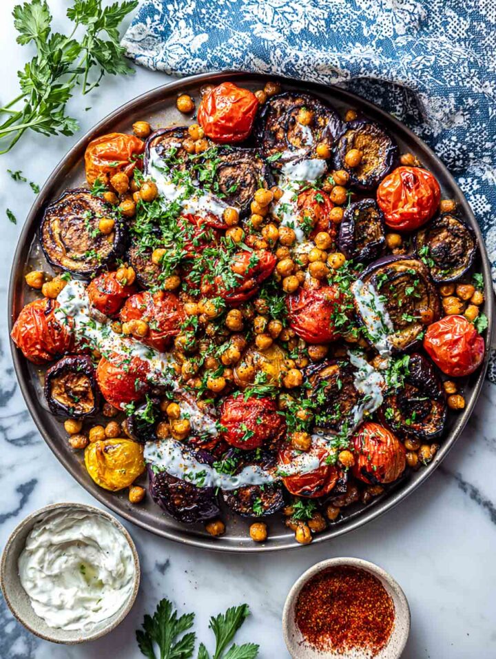 Roasted eggplant, chickpeas and tomatoes seasoned with spices on a sheet pan.