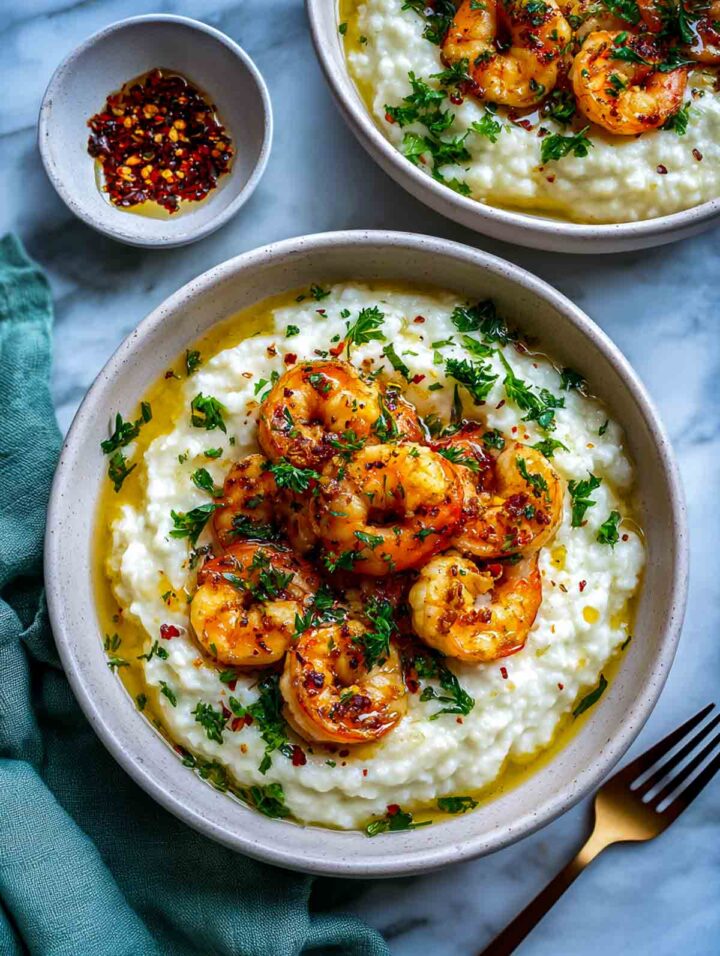 Garlic shrimp served over creamy cauliflower mash in a shallow bowl.