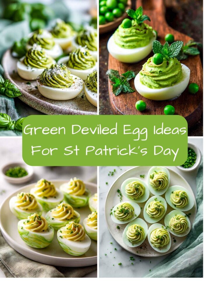 A four-image collage of green deviled eggs made for St. Patrick's Day.