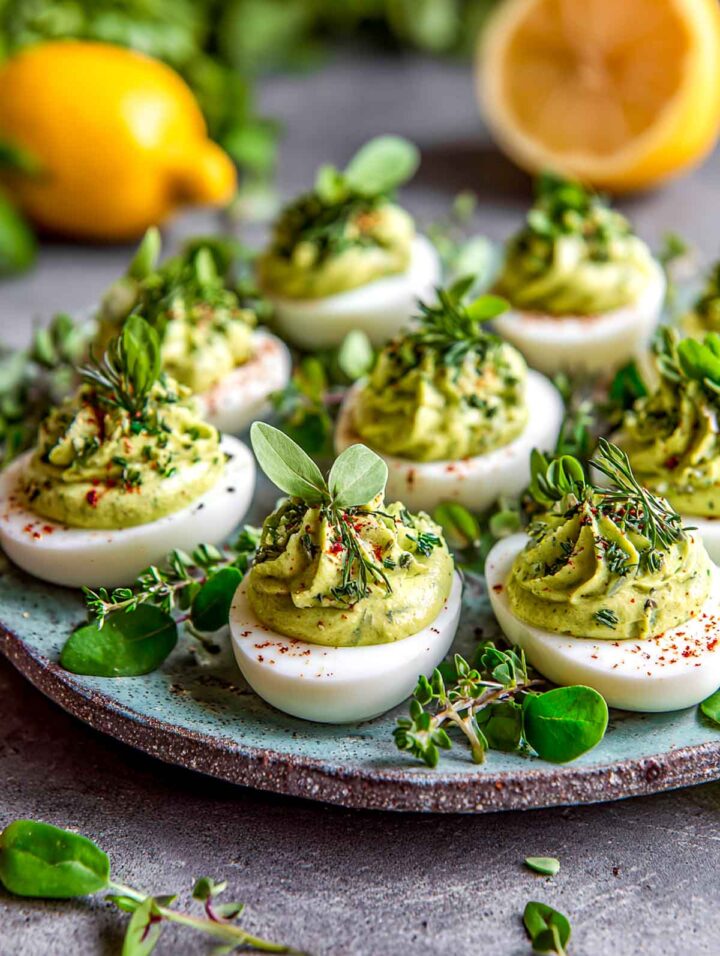 A plate of green goddess deviled eggs garnished with herbs.