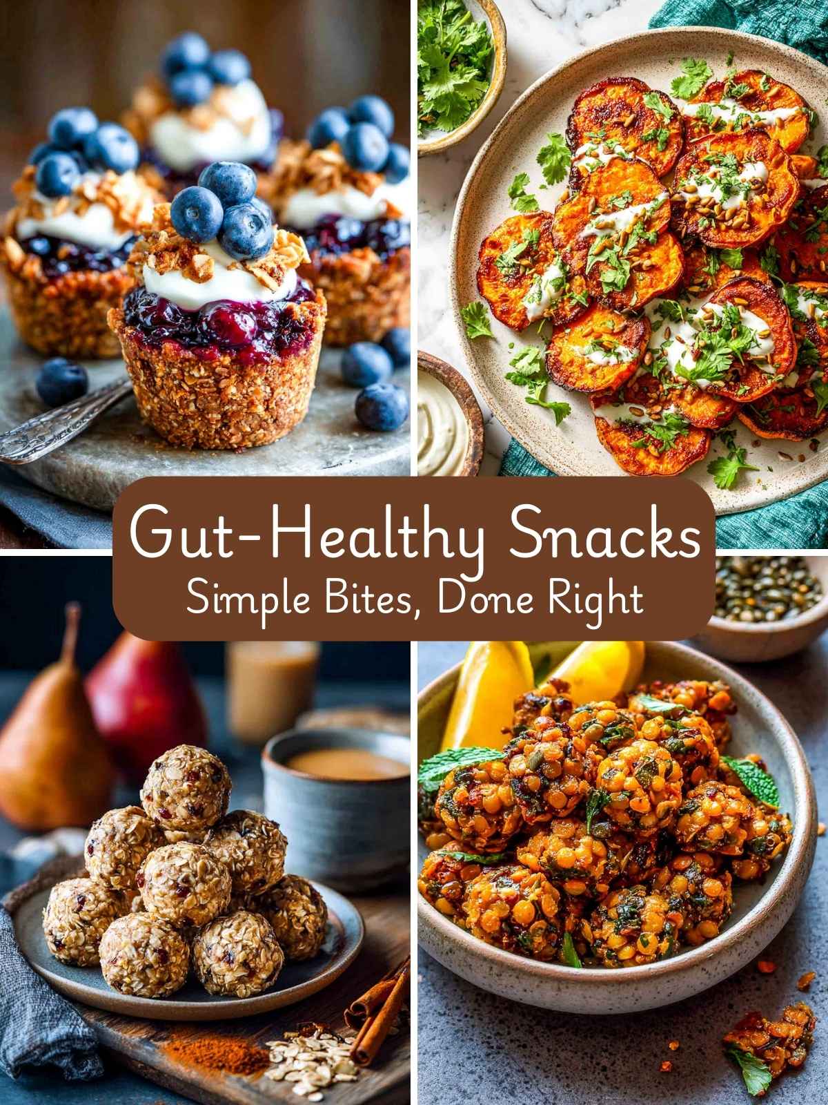 A four-image collage of gut-healthy snacks.