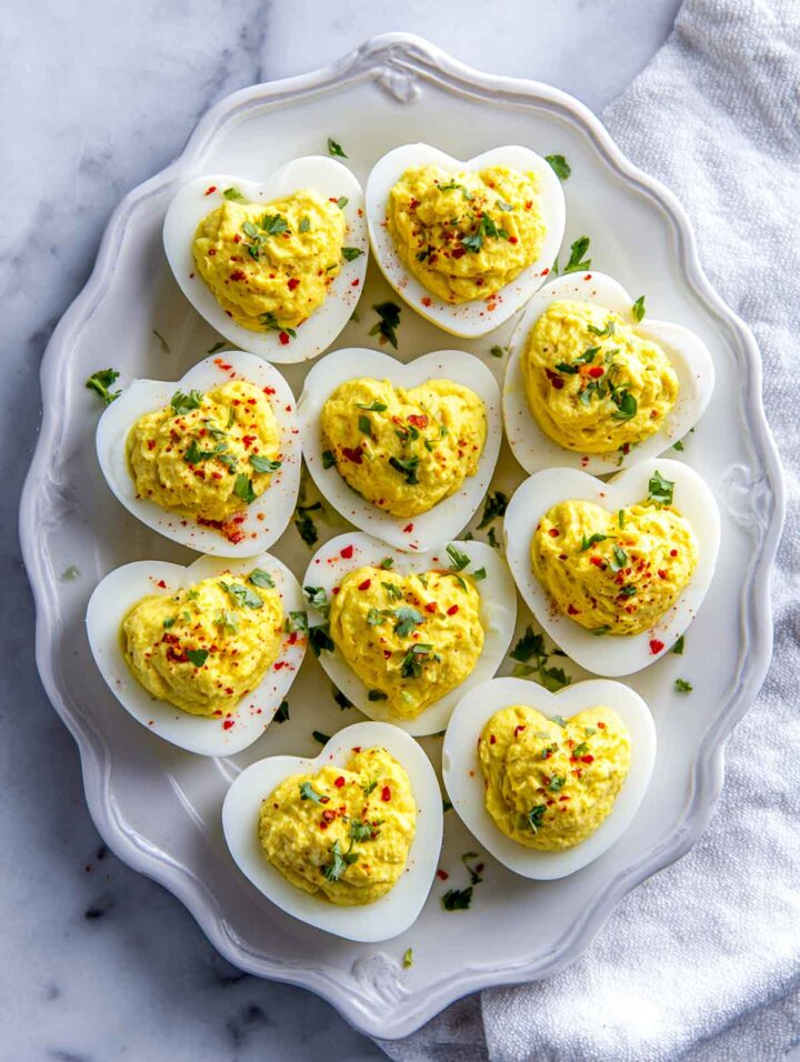 Heart shaped deviled eggs with classic mustard filling on a white platter.
