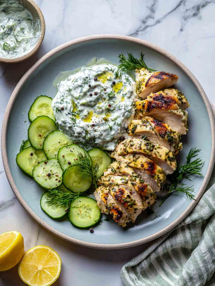 Herbed chicken served with cucumber yogurt sauce and sliced cucumbers on a plate.