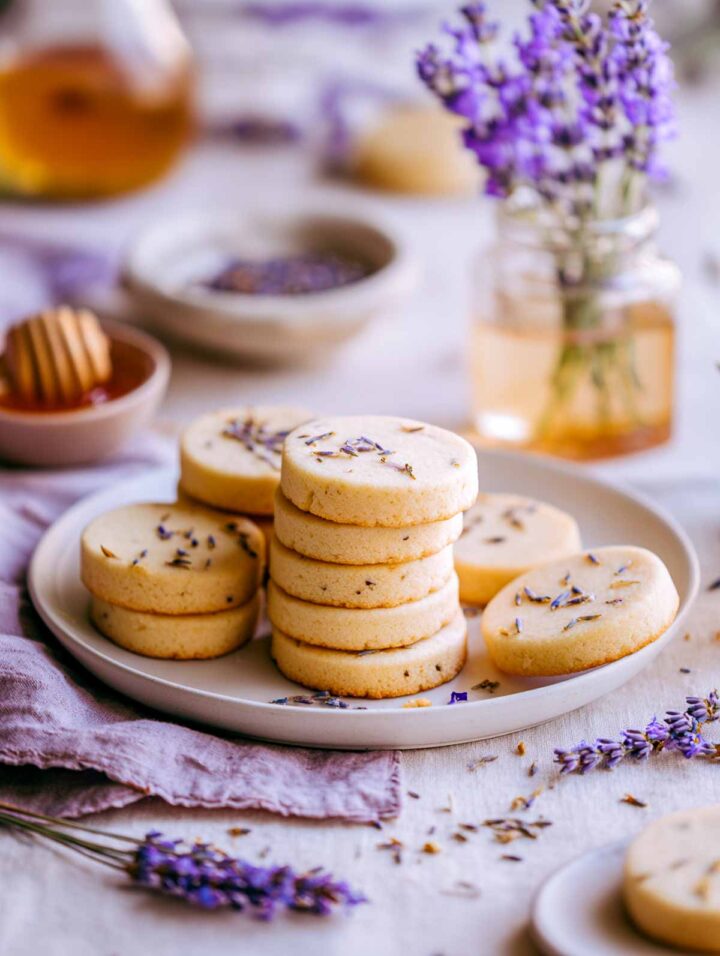 Honey lavender shortbread cookies stacked on a plate with light lavender garnish.