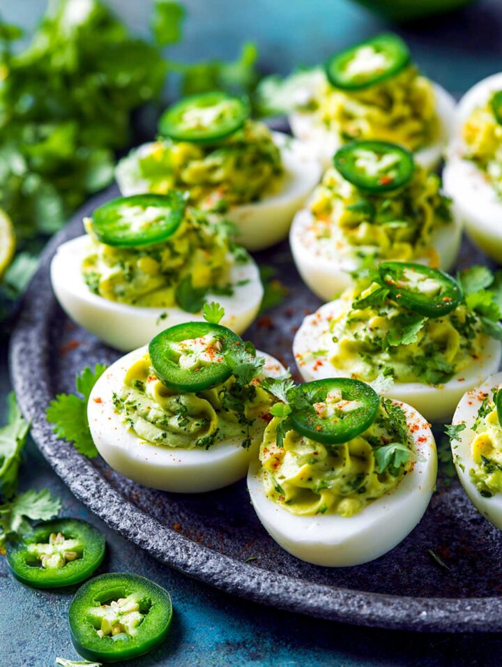 Jalapeño cilantro green deviled eggs topped with sliced jalapeños and fresh herbs.
