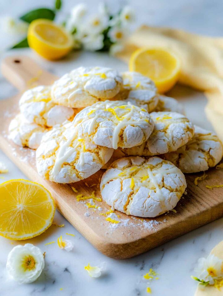 Lemon crinkle cookies stacked on a wooden board with lemon glaze and fresh lemon slices in the background.