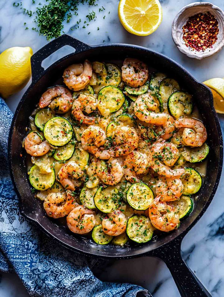 Garlic shrimp cooked with zucchini in a skillet.