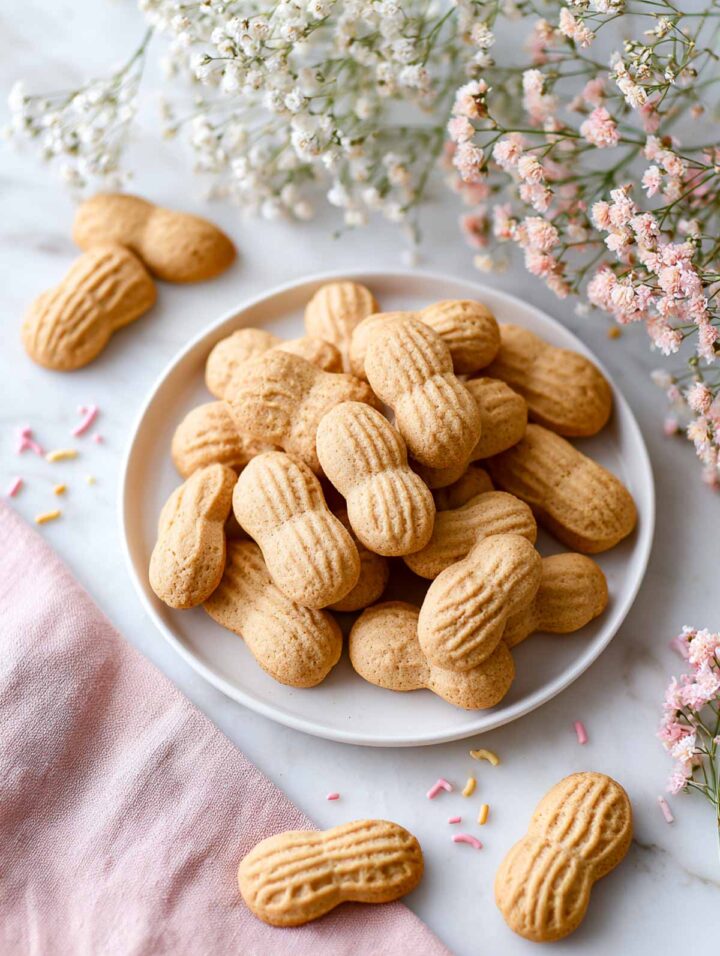 Peanut-shaped sugar cookies arranged on a white plate with soft pastel accents.