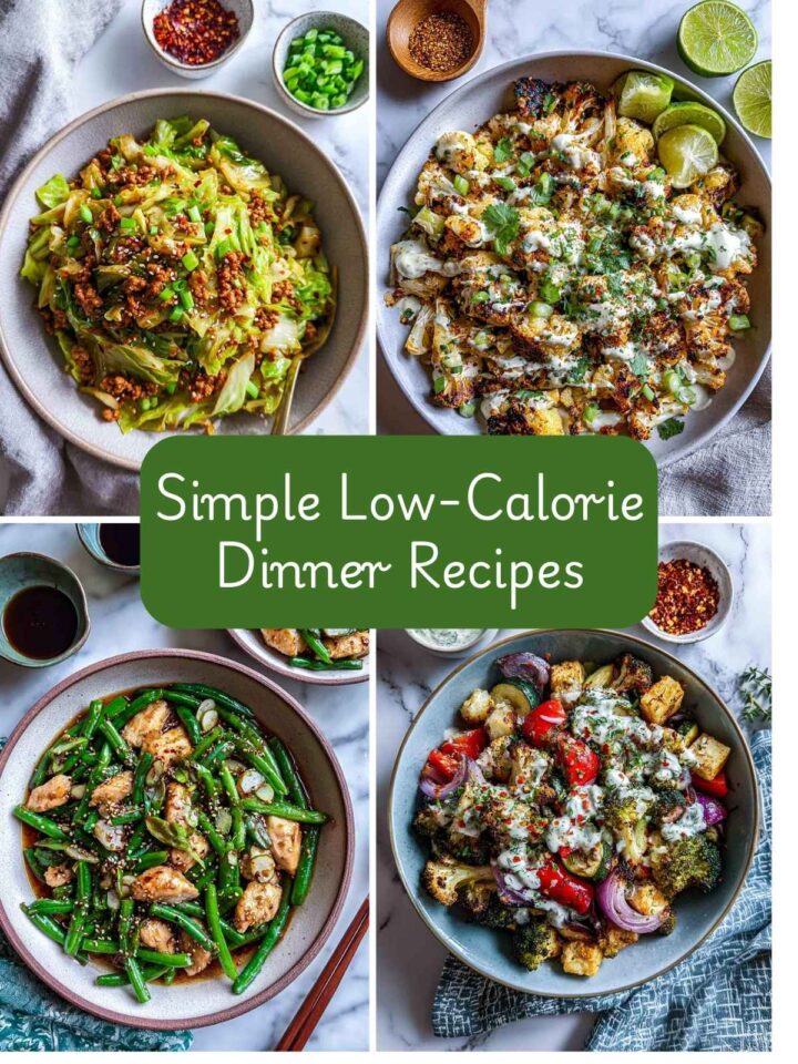 A four-image collage of low-calorie dinner recipes.
