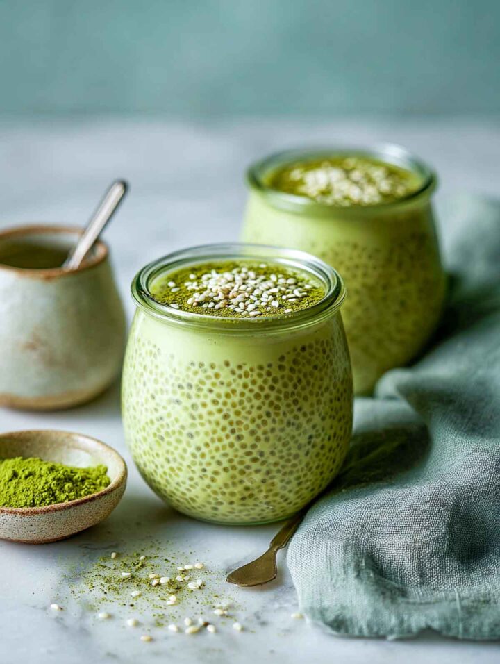 Two small glass jars filled with pale green matcha chia pudding, topped with a smooth layer of matcha powder and white sesame seeds, set on a white marble surface with a sage green linen napkin, a small bowl of matcha powder, and a simple spoon nearby in soft natural light.