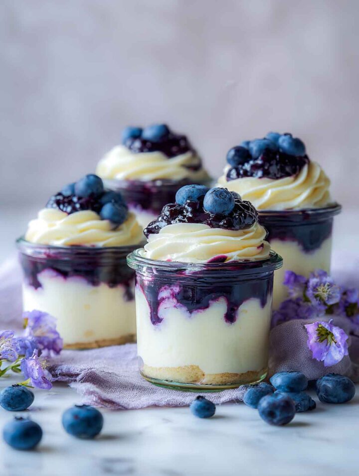 Side view of mini blueberry cheesecake jars with graham cracker crust and whipped topping.