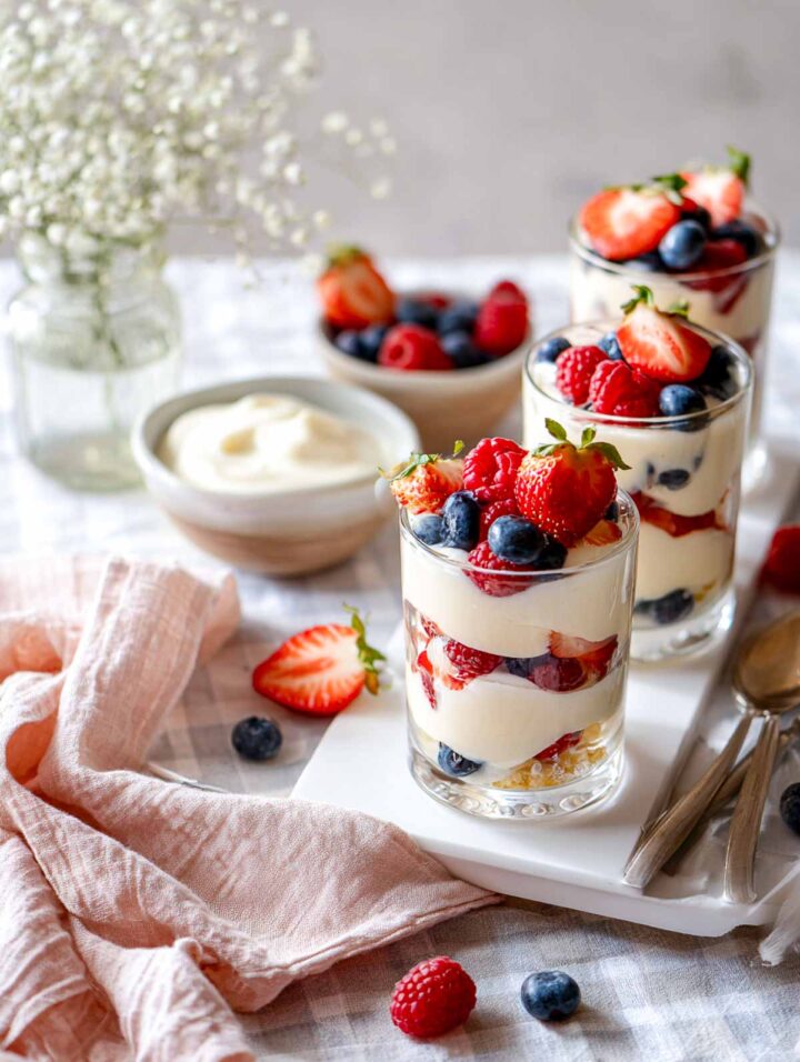 Mini fruit and yogurt parfait cups layered with berries and vanilla wafer crumbs.