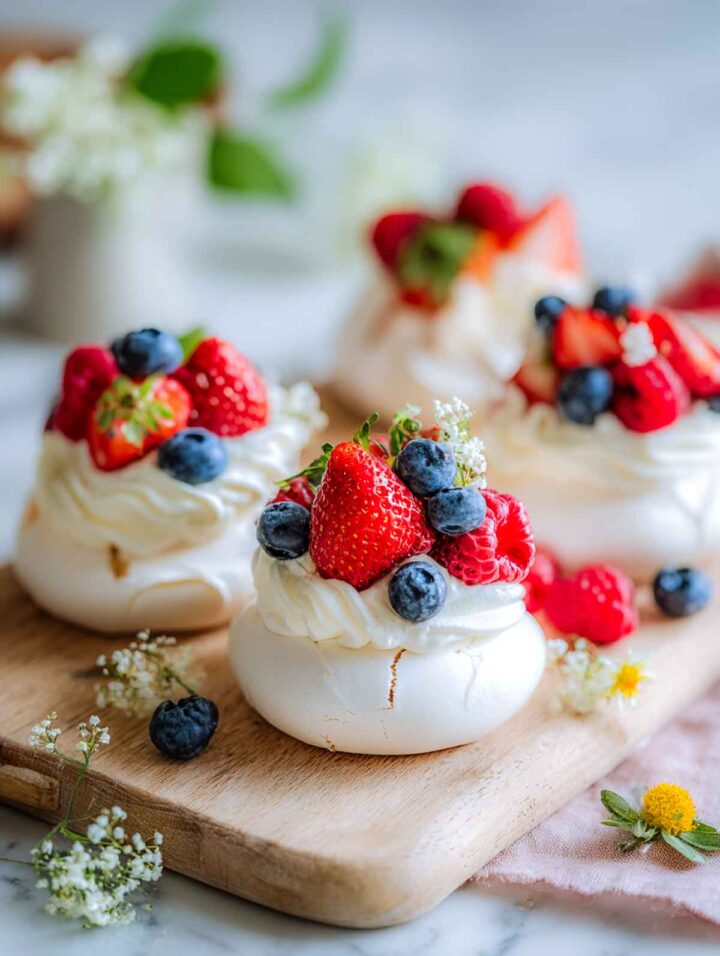Mini pavlova nests topped with whipped cream and fresh spring berries placed on a wooden board with flowers in the background.