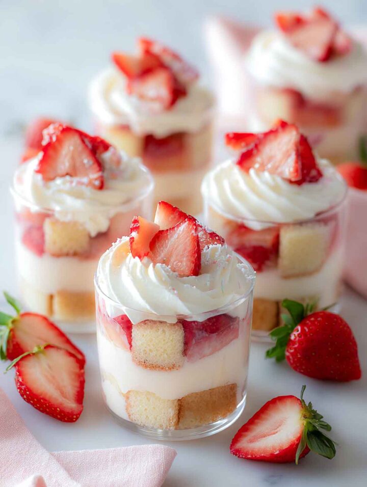 Mini strawberry shortcake cups layered with vanilla cake, fresh strawberries, and whipped cream.