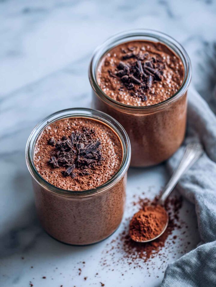 Two glass jars of mocha chia pudding filled nearly to the rim and topped with cocoa powder and dark chocolate shavings on a white marble surface with a gray linen napkin and spoon.