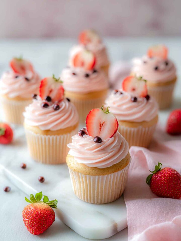Mini strawberry milk tea cupcakes topped with pale pink frosting, fresh strawberries, and boba pearls with fresh strawberries in the background.