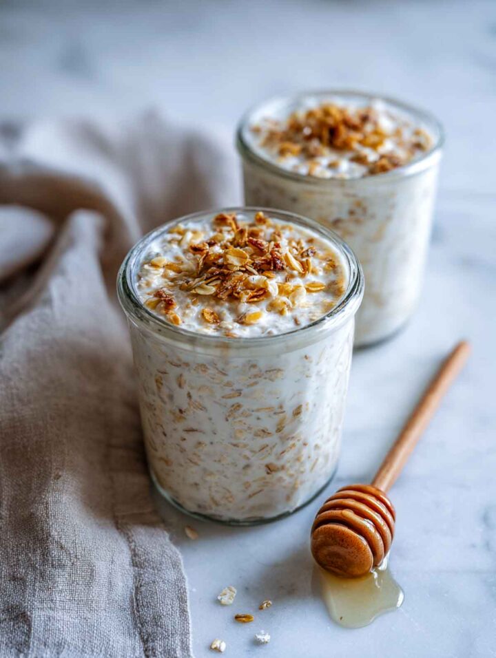 Two glass jars of overnight oats mixed with toasted barley flakes and milk, filled nearly to the rim and topped with a layer of golden toasted barley. A wooden honey dipper with a light drizzle of honey rests beside the jars on a white marble surface, with a soft beige cloth in the background.
