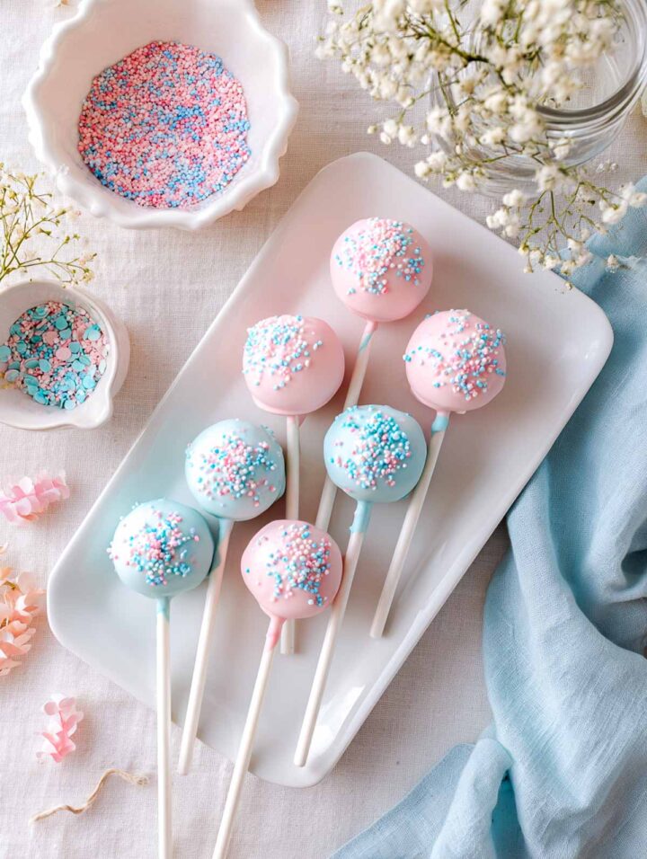Pastel pink and blue cake pops with sprinkles on white platter.
