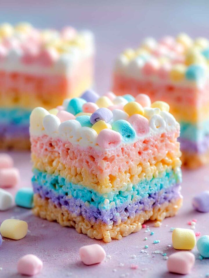 Pastel layered marshmallow rice treat squares topped with mini marshmallows placed on a pink surface.