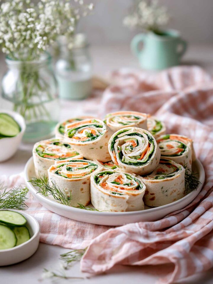 Pastel veggie pinwheel wraps with cream cheese and vegetables on a plate.