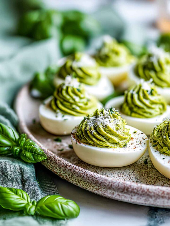 Pesto deviled eggs with basil green filling and parmesan garnish on a ceramic plate.