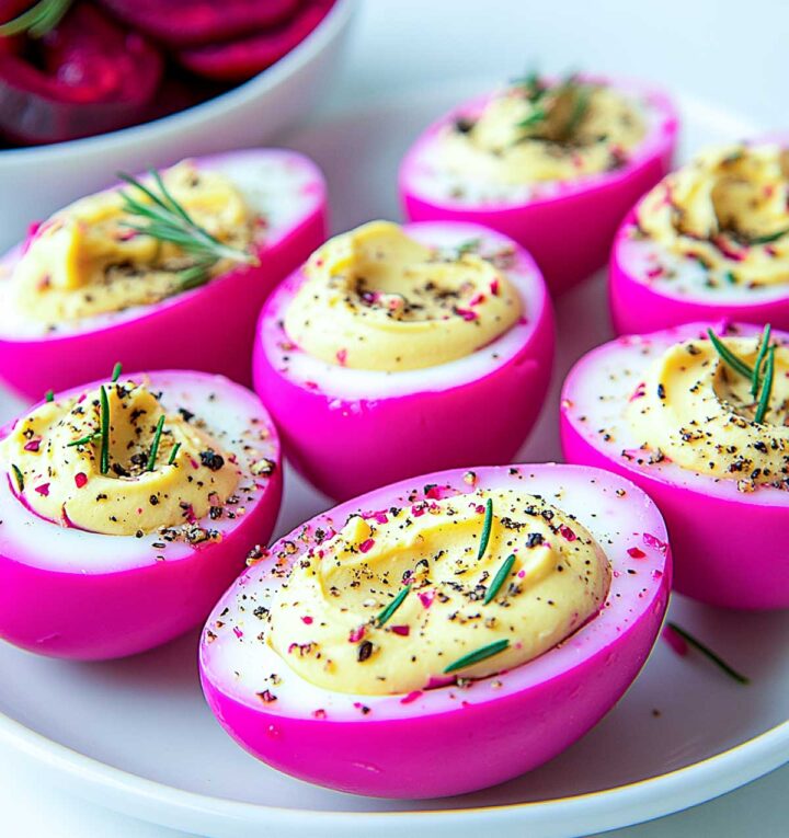 Close-up of beet-dyed pink deviled eggs placed on a white serving plate.