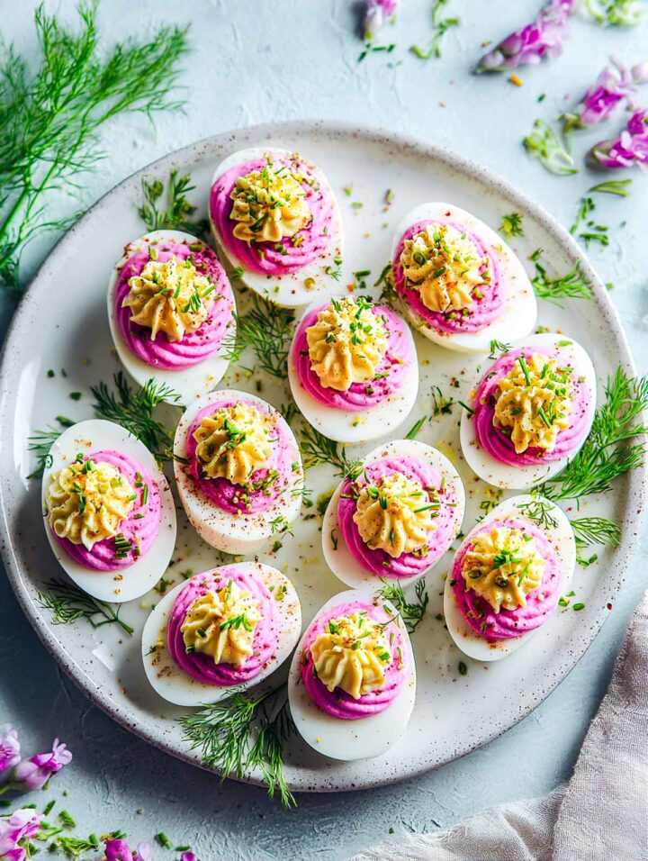Pink hummus deviled eggs with creamy garlic lemon filling on a serving plate.