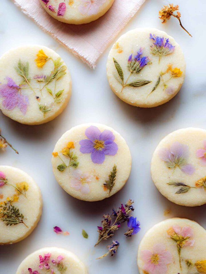 Top view of pressed flower cookies placed in a single layer on a white marble surface.