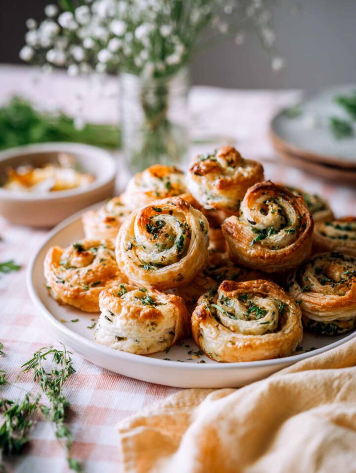 Puff pastry veggie spirals with herbed cream cheese stacked on a plate.