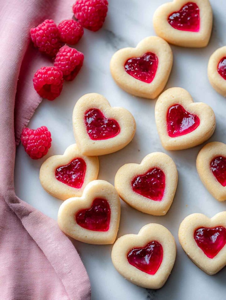 Heart-shaped raspberry thumbprint cookies with glossy jam centers on marble surface.