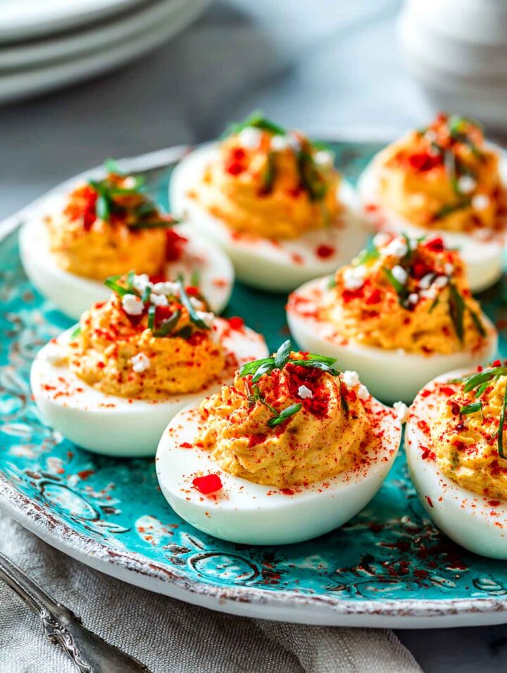 Roasted red pepper deviled eggs with whipped feta and feta garnish on a serving plate.