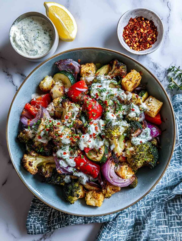 Roasted vegetables topped with whipped cottage cheese herb sauce in a bowl.