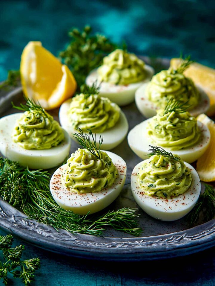 Deviled eggs with creamy spinach herb filling garnished with fresh herbs.