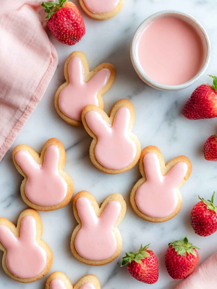 Strawberry bunny ear shortbread cookies with pink glaze on marble surface.