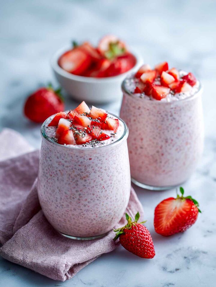 Two glass jars of strawberry vanilla chia pudding topped with chopped fresh strawberries on a white marble surface with a soft blush napkin and whole strawberries nearby.