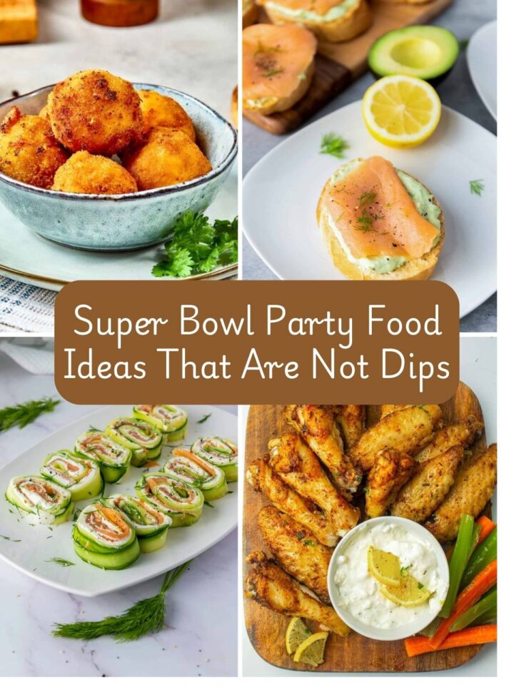 A four-image collage of super bowl party food ideas.