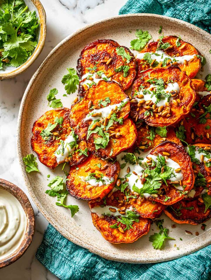 Crispy smashed sweet potato rounds with turmeric yogurt drizzle and herbs.
