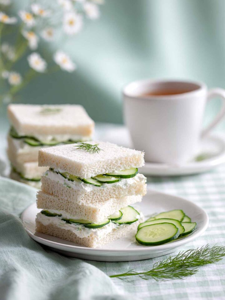 Cucumber and dill tea sandwich squares stacked on a plate for a baby shower.