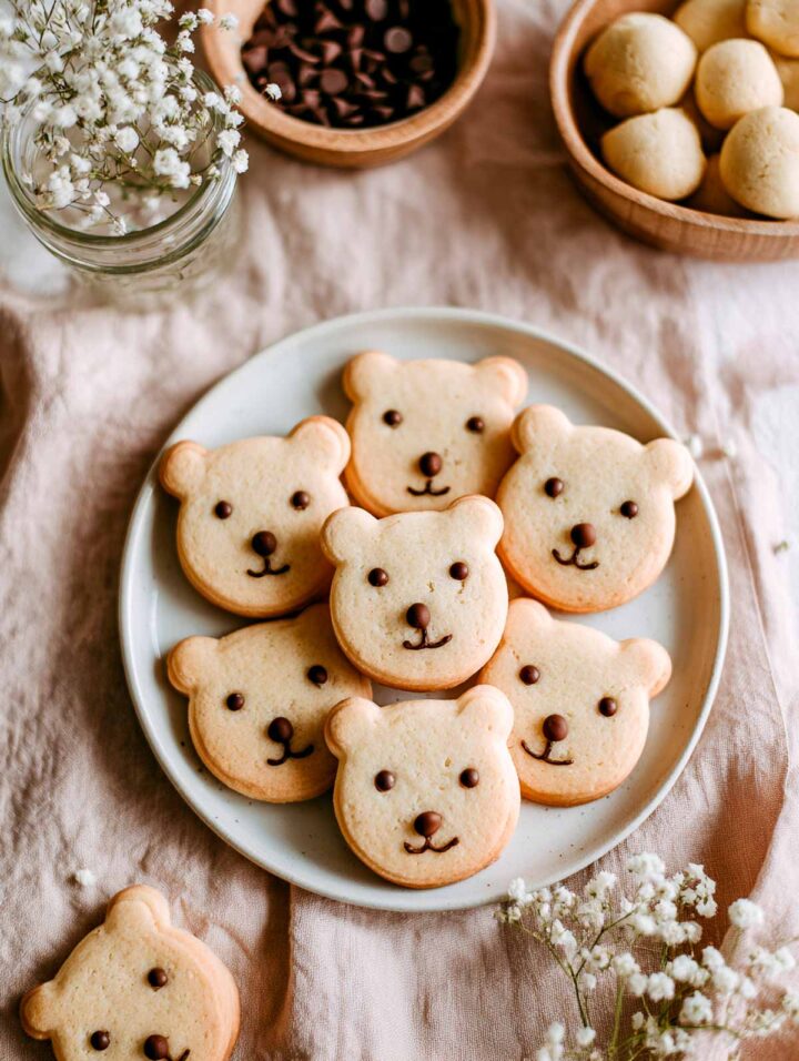 Teddy bear-shaped sugar cookies with chocolate chip eyes and drawn noses.