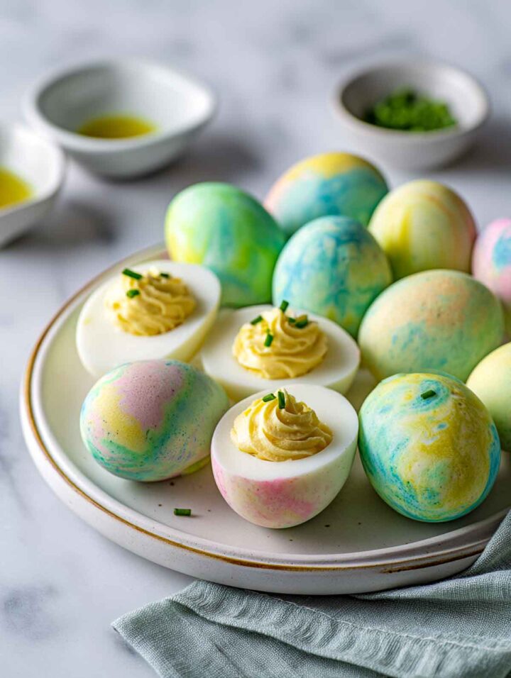 Tie-dye deviled eggs with pastel marbled egg whites on a gold-rim platter.