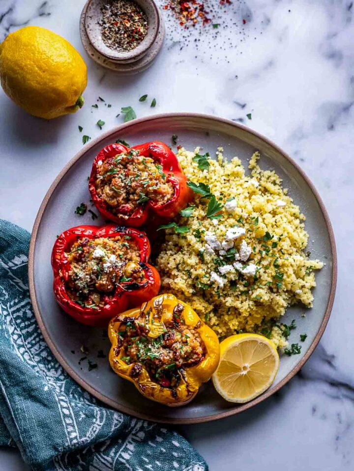 Bell peppers stuffed with seasoned ground turkey served with lemon cauliflower rice.